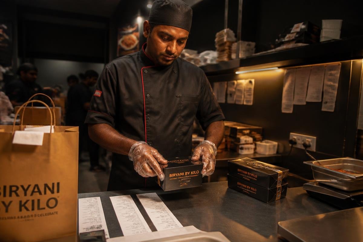 Cloud kitchen chef packing delivery orders