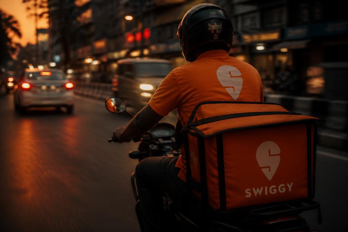 Food delivery rider on a city street at dusk