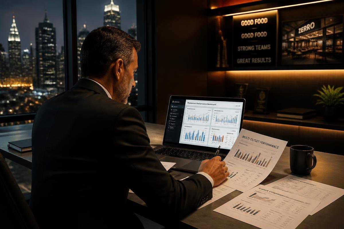 Owner reviewing multi-outlet performance dashboard